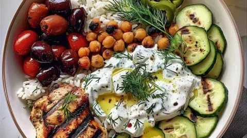 Ultimate grilled chicken rice bowl served with tzatziki sauce