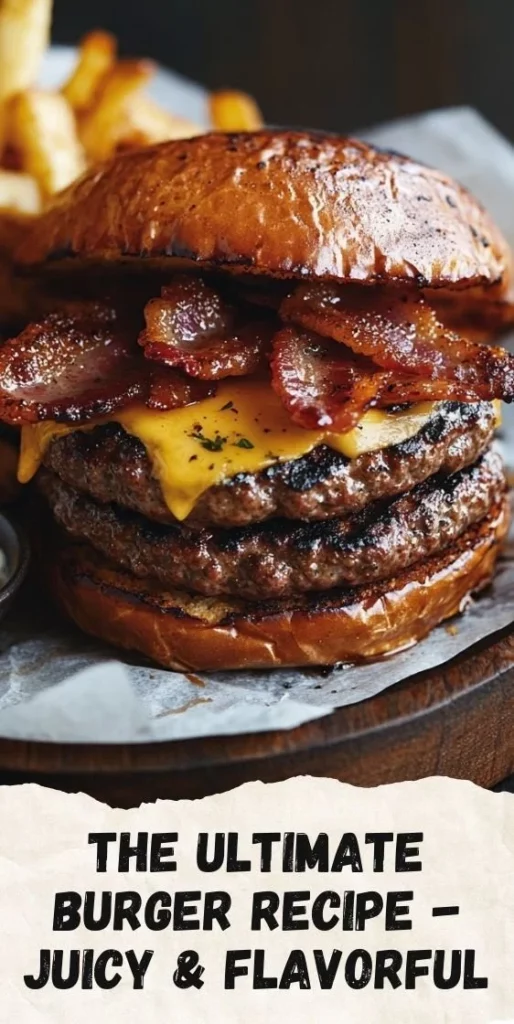 Delicious ultimate homemade burger with fresh toppings on a wooden cutting board.