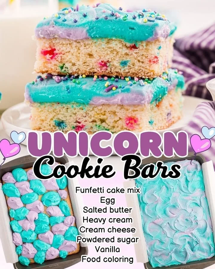 Colorful unicorn cookie bars with sprinkles and vibrant frosting