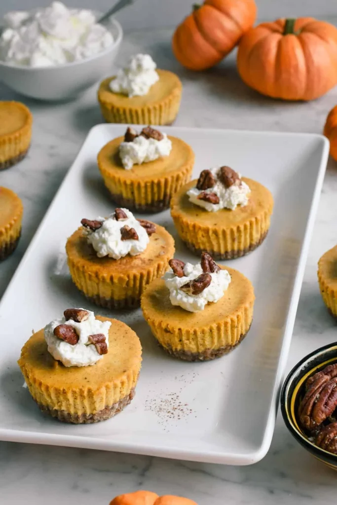 Vegan mini pumpkin cheesecake with a paleo crust served on a plate
