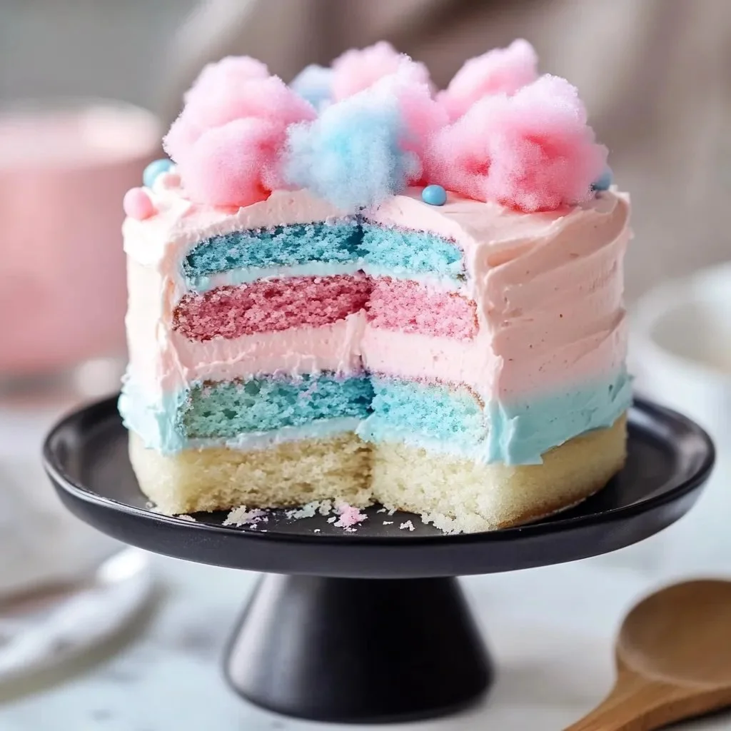 Whimsical cotton candy cake with vibrant colors and fluffy texture