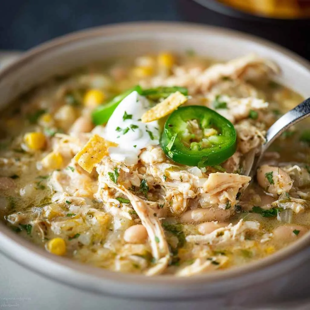 Bowl of creamy white chicken chili topped with cilantro and jalapeños
