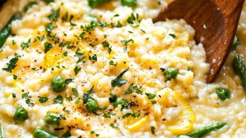 Creamy lemon parmesan risotto garnished with fresh herbs and lemon zest