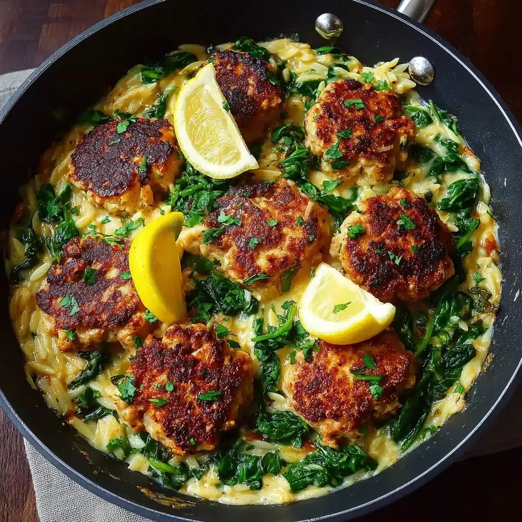 Zesty lemony chicken ricotta meatballs atop garlic spinach orzo dish