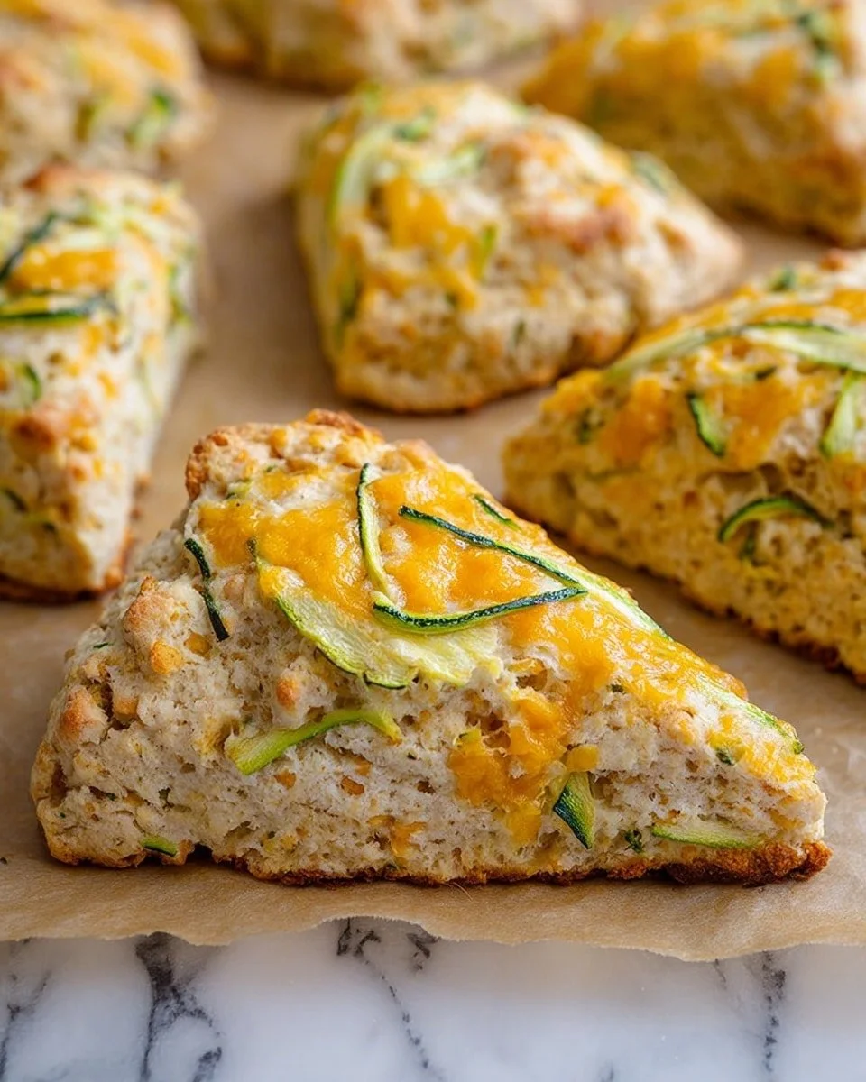 Freshly baked zucchini cheddar scones on a wooden table.