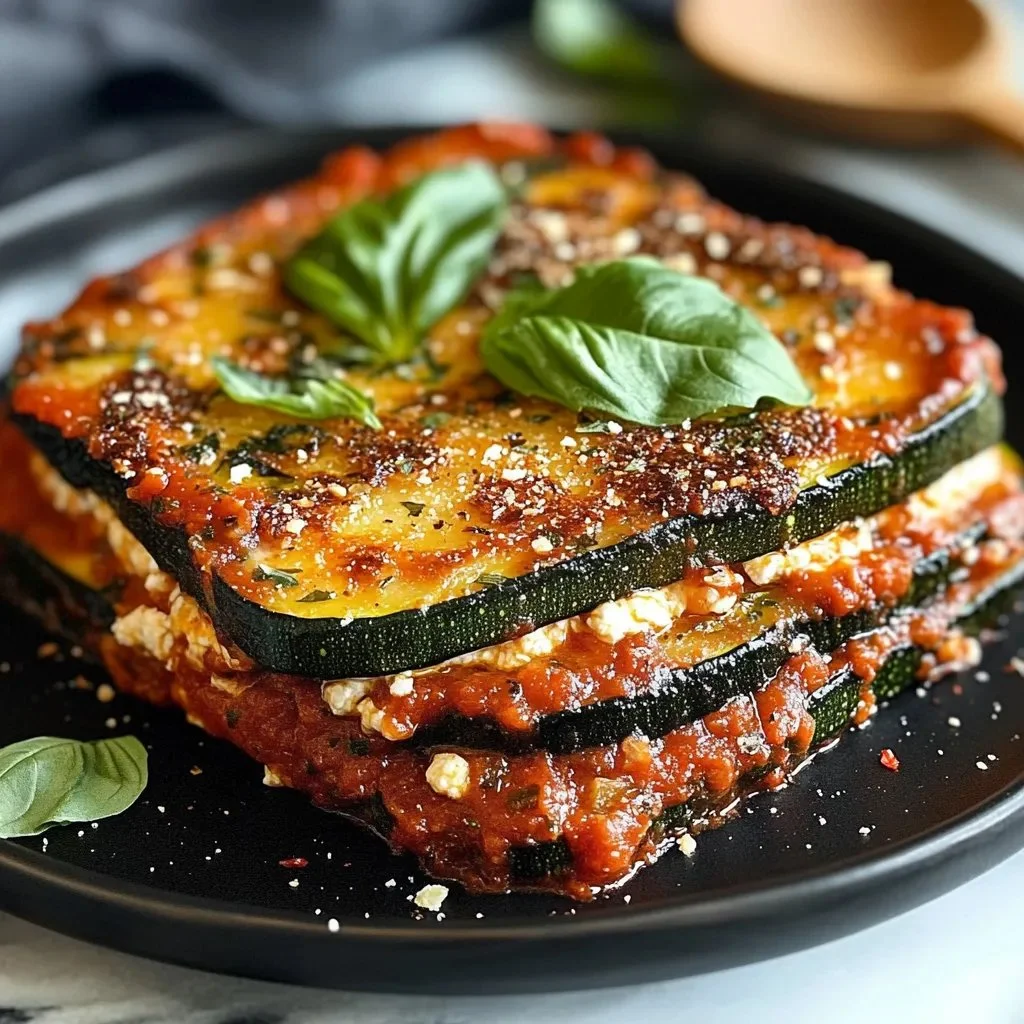 Plate of Zucchini Ricotta Melts with marinara sauce garnished with herbs.