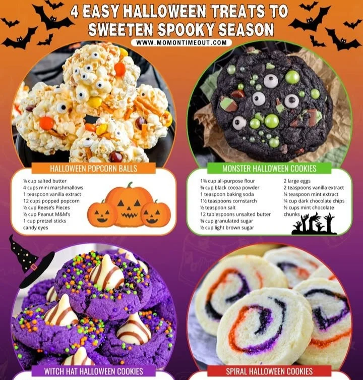 Four creative Halloween treats displayed on a festive table.