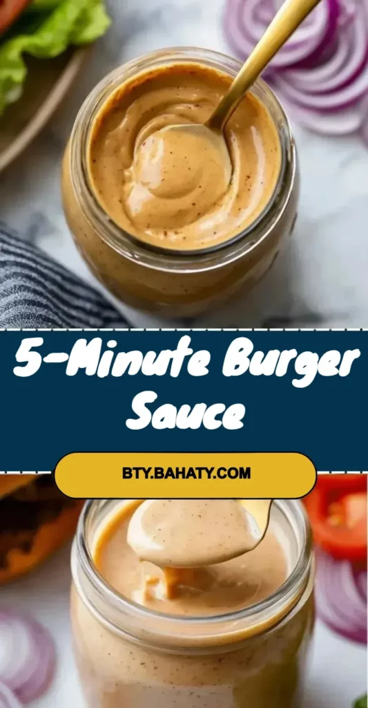 Homemade 5-minute burger sauce in a bowl with a burger and fries.