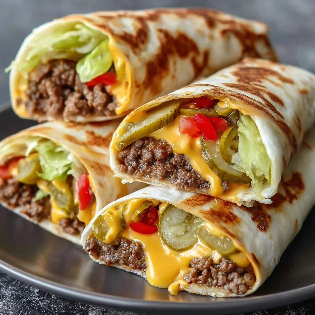 Air Fryer cheeseburger wraps served on a plate with garnishes