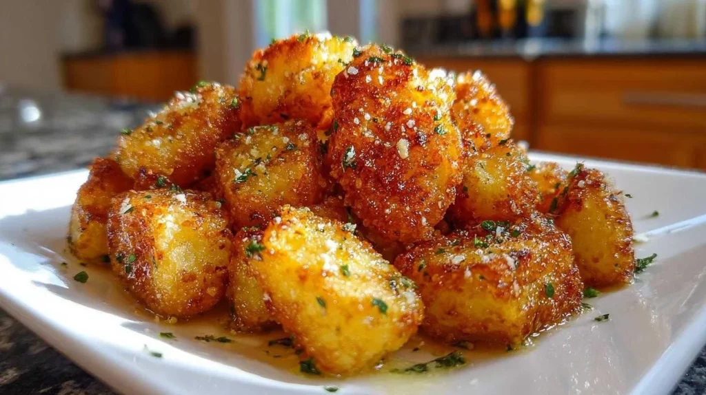 Crispy parmesan crusted potatoes on a plate, ready to serve as a delicious side dish.