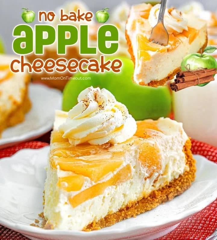 Slice of creamy apple cheesecake topped with caramel and cinnamon.