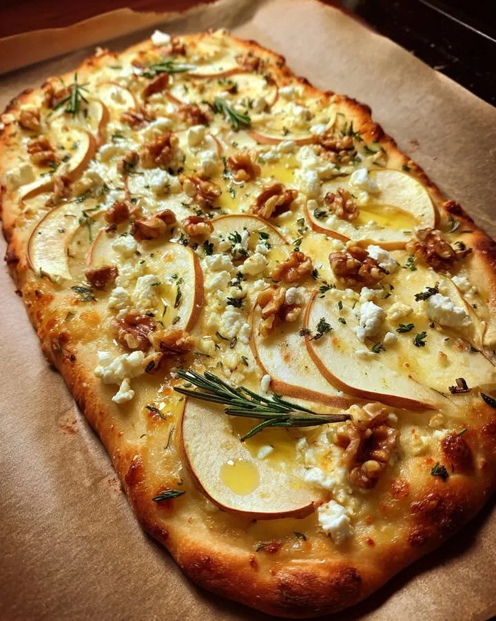 Delicious Apple, Feta & Walnut Flatbread topped with Rosemary Drizzle