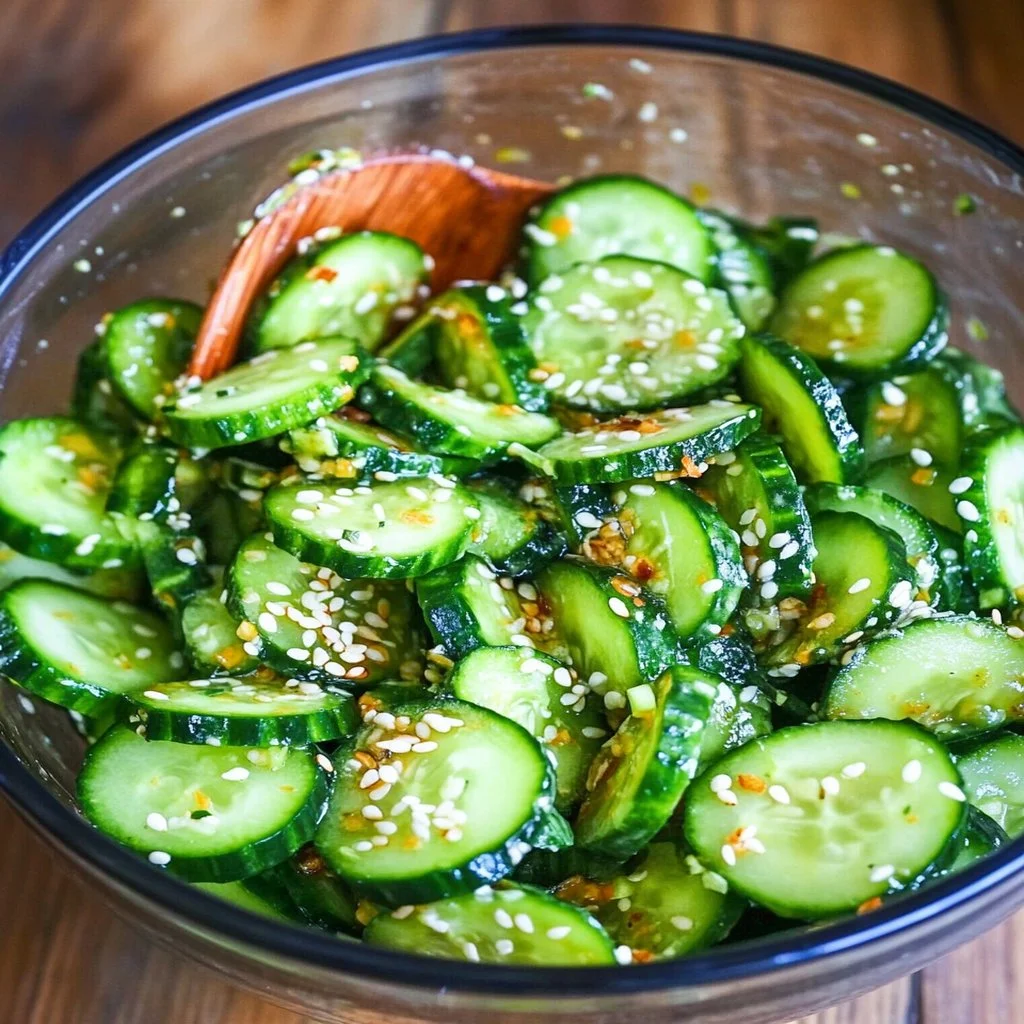 Asian-Style Cucumber Salad with Sesame Dressing in a vibrant bowl