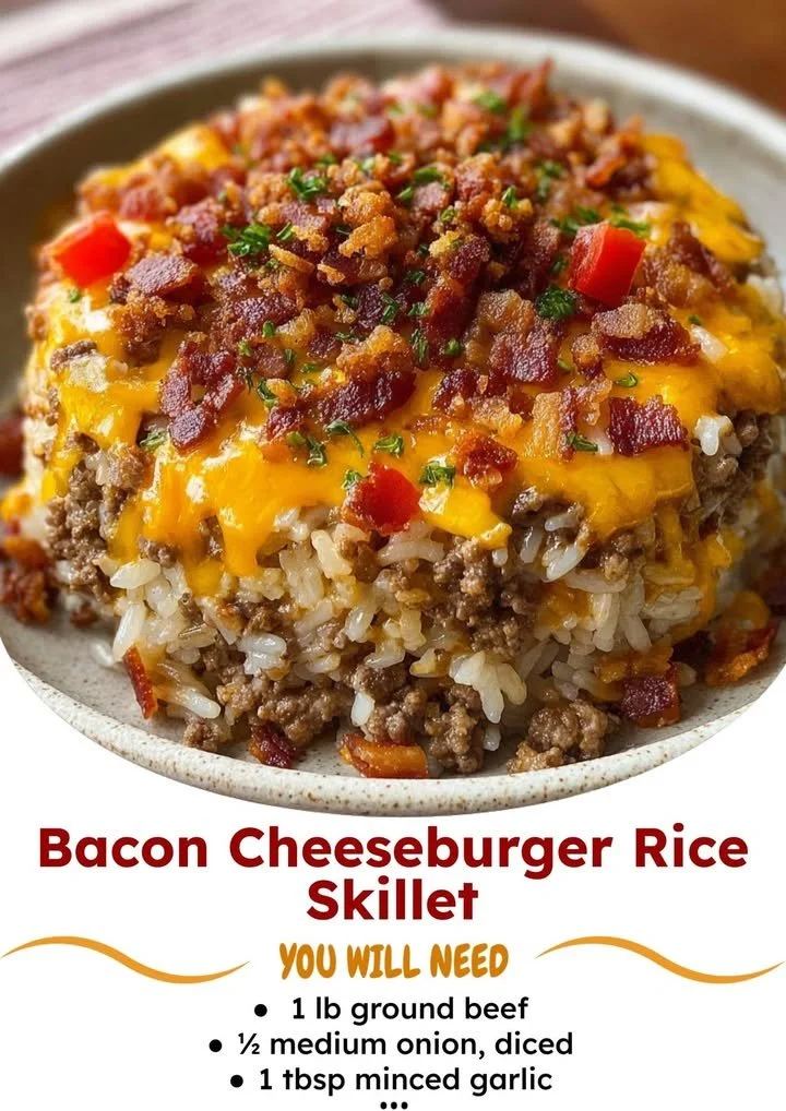 Bacon cheeseburger rice skillet served in a colorful bowl