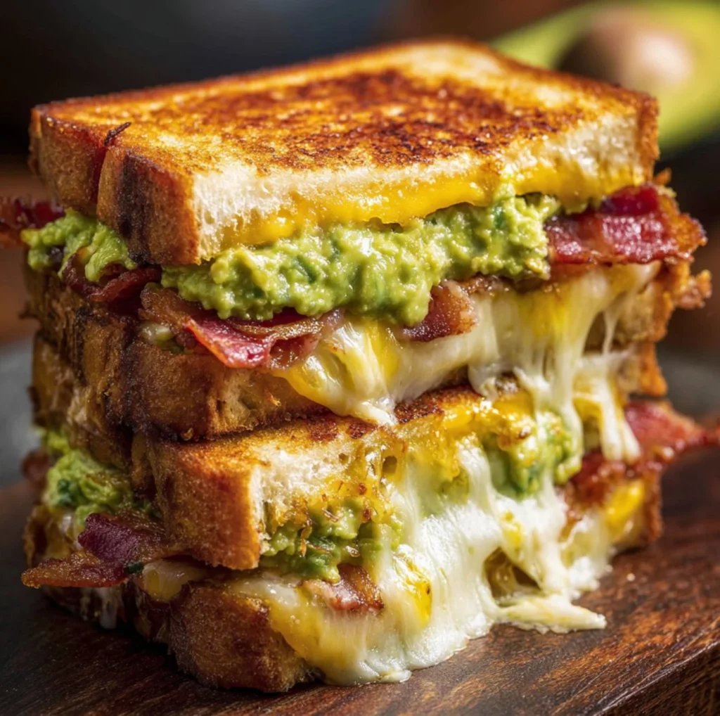 Bacon guacamole grilled cheese sandwich on a plate with melted cheese