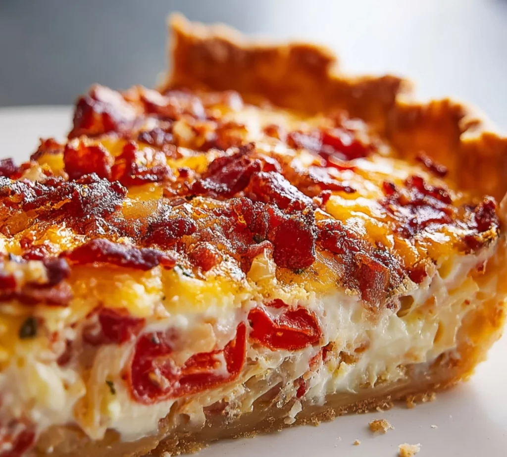 Delicious Bacon Onion Tomato Pie ready to serve with crispy crust and fresh ingredients