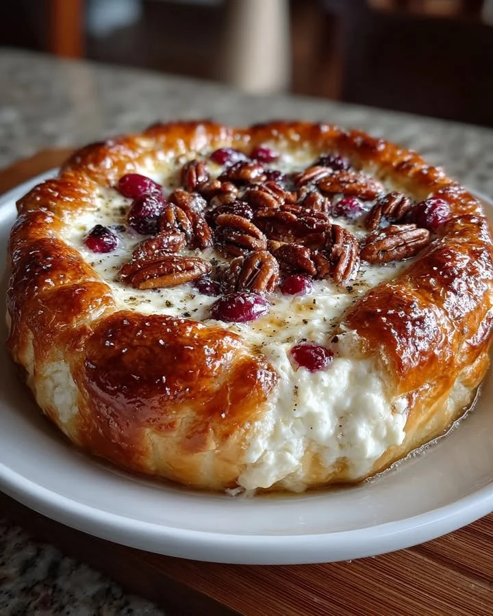 Baked cranberry cream cheese dip with a golden crust served in a dish.