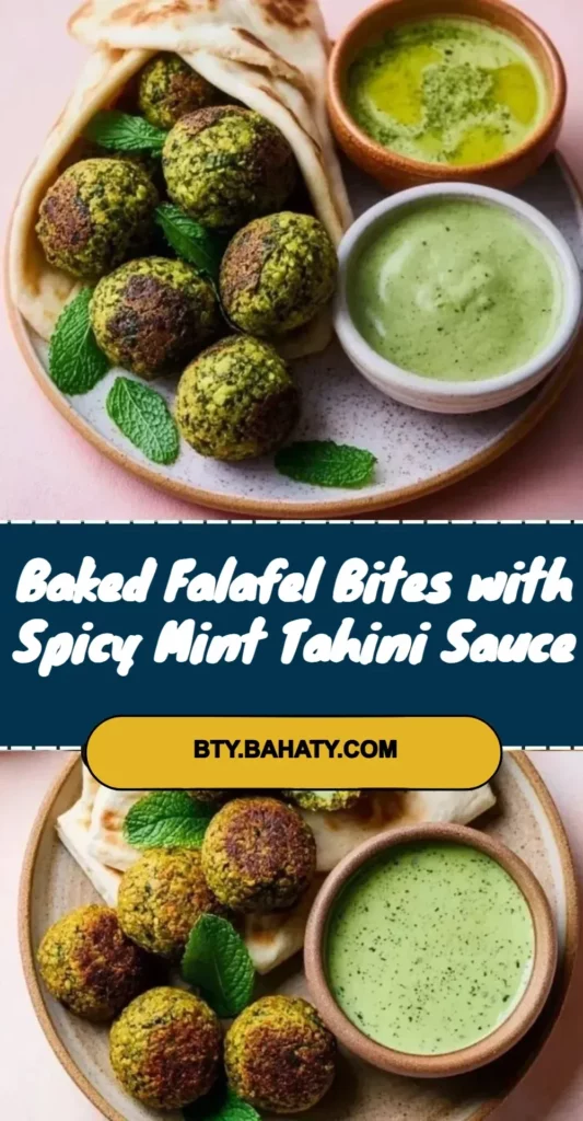 Baked falafel bites with spicy mint tahini sauce on a platter