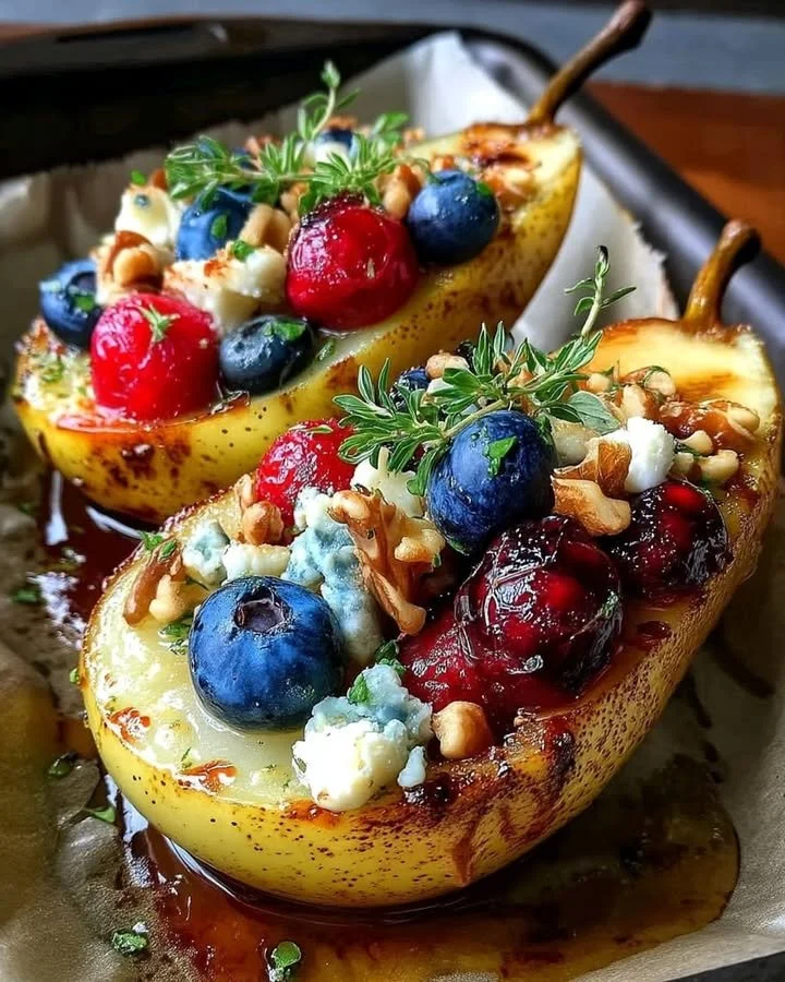Delicious baked pears topped with berries, honey, walnuts, and blue cheese.