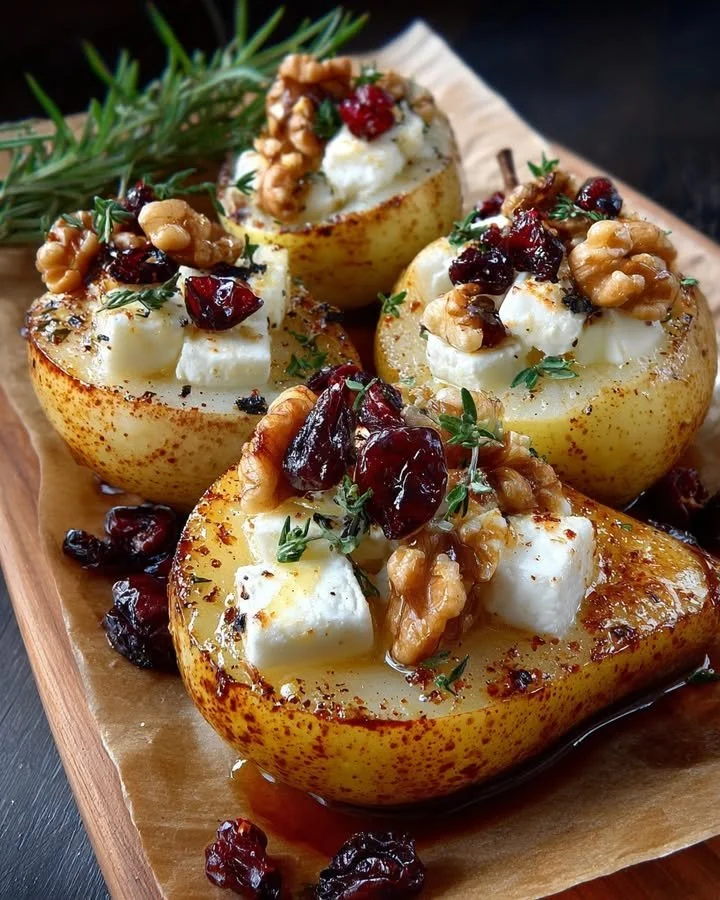 Baked pears with brie, walnuts, and cranberries served on a white plate