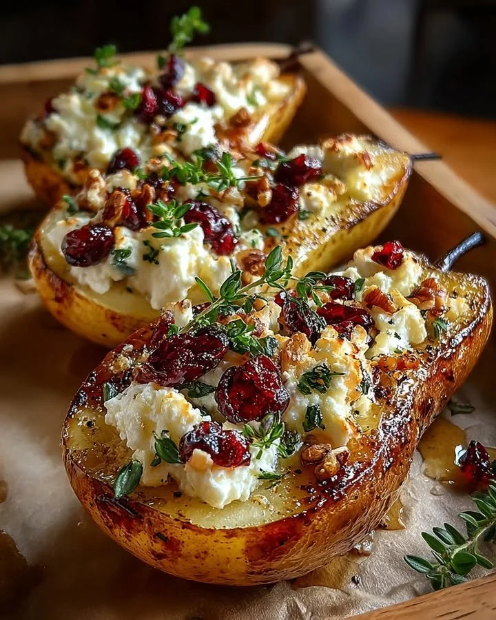 Baked pears drizzled with honey, topped with feta cheese and cranberries.