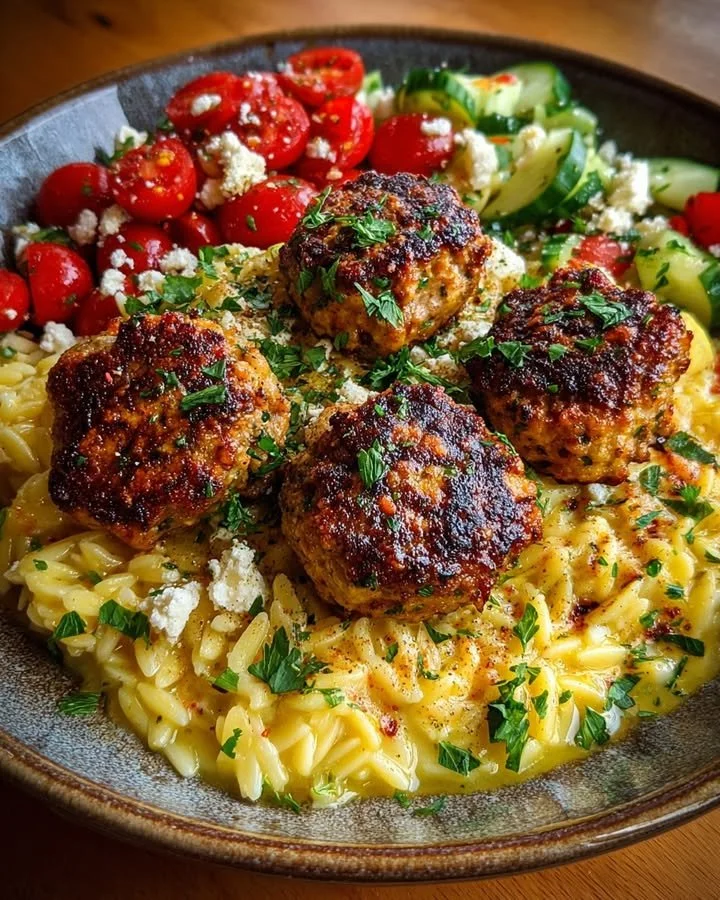 Baked ricotta meatballs with lemon served on a bed of orzo salad