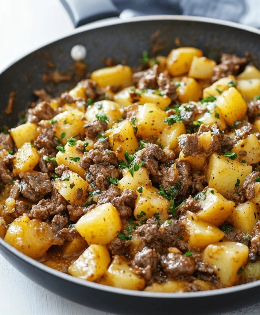 Beef and Potatoes Skillet cooking in a frying pan with colorful vegetables.