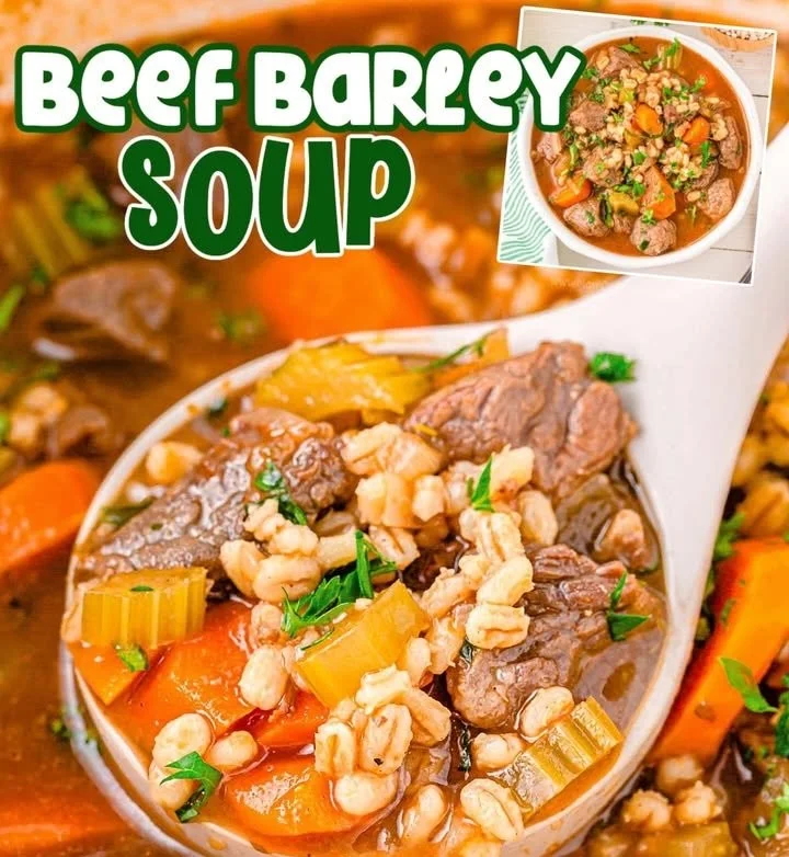 A bowl of hearty beef barley soup with vegetables and herbs.