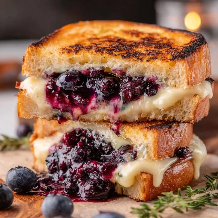 Blueberry Brie Grilled Cheese sandwich showcasing melted cheese and blueberries.