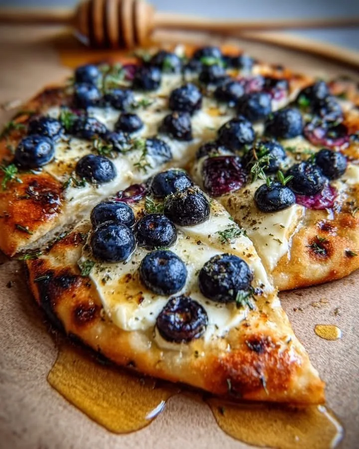 Blueberry flatbread with brie cheese and thyme, drizzled with honey on a wooden board.