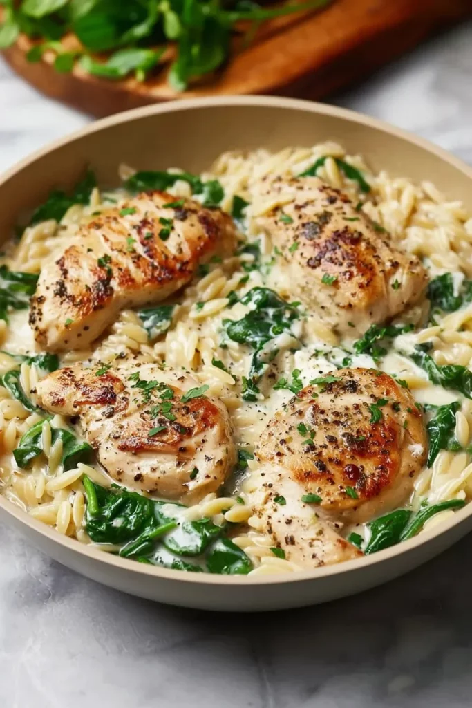 Creamy Boursin Orzo dish with chicken and vegetables