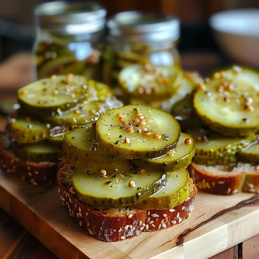 Homemade bread and butter pickles in a jar with fresh cucumbers
