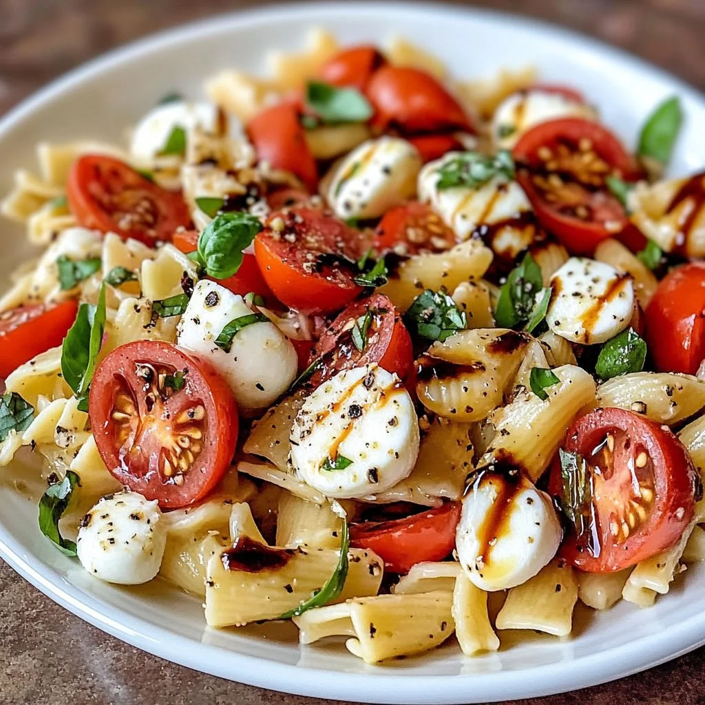 Delicious Caprese Pasta Salad with fresh basil, ripe tomatoes, and mozzarella cheese