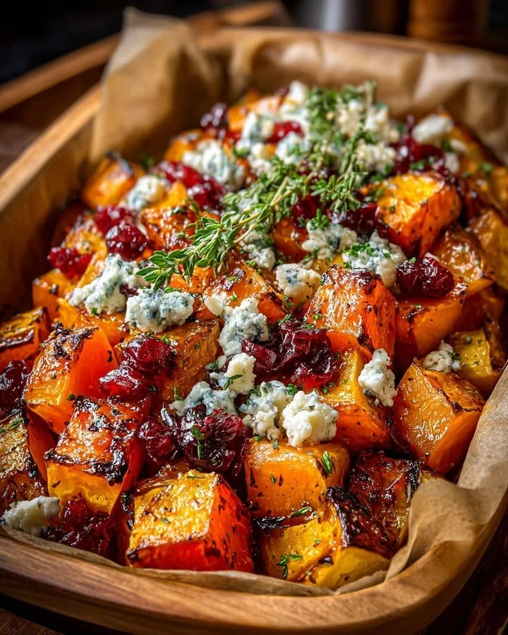 Caramelized butternut squash with blue cheese and cranberry-maple glaze dish