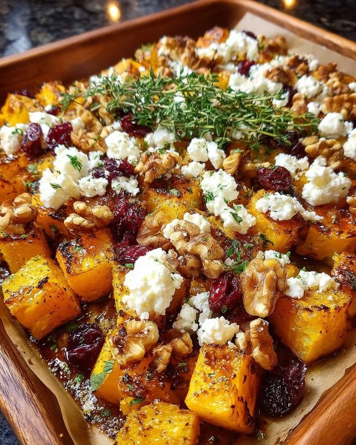 Caramelized butternut squash with feta, walnuts, and cranberry-honey glaze