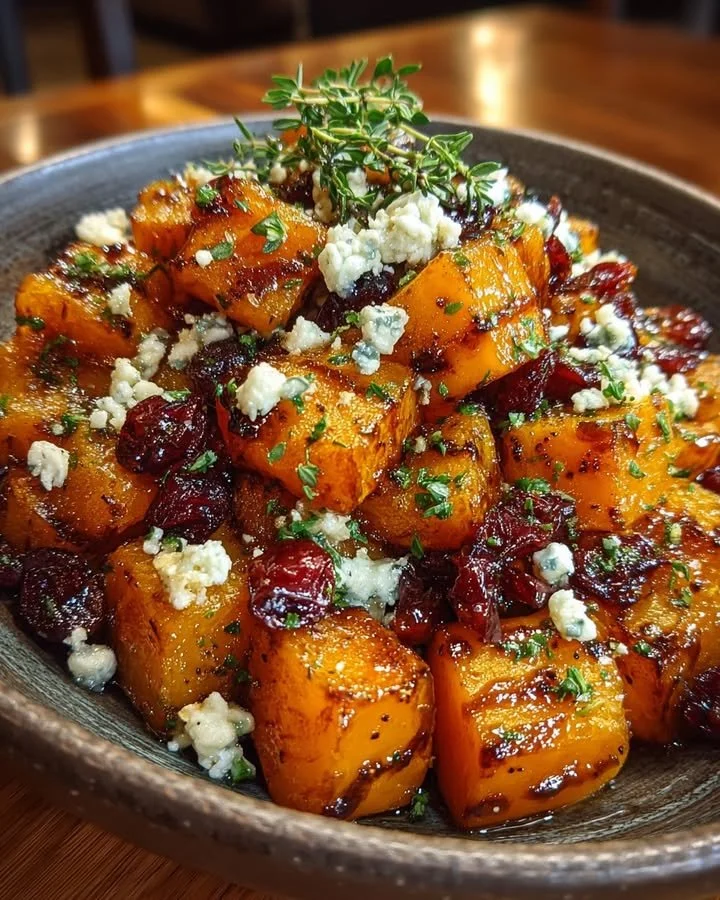 Caramelized butternut squash with gorgonzola cheese and cranberry-balsamic drizzle