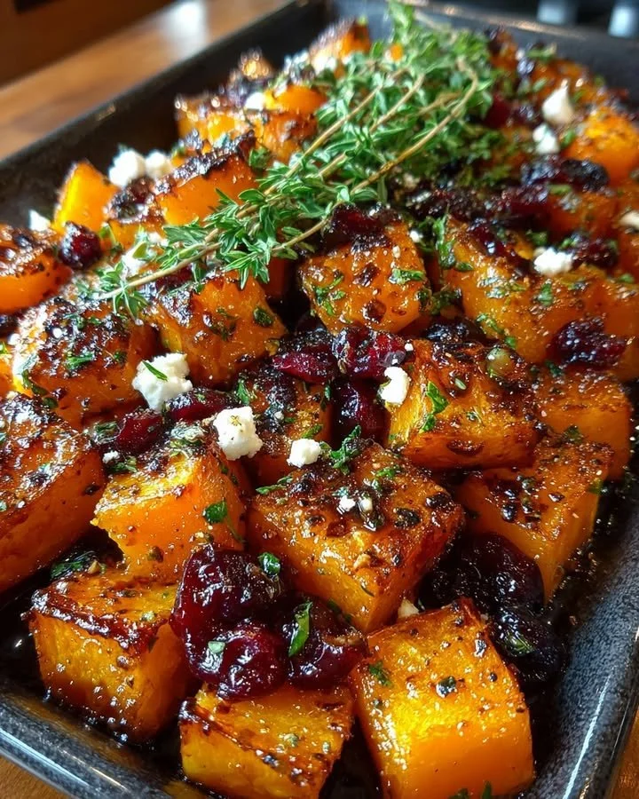 Caramelized butternut squash with feta and cranberry drizzle on a plate