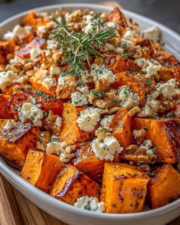 Caramelized sweet potatoes topped with maple syrup, feta cheese, and walnuts