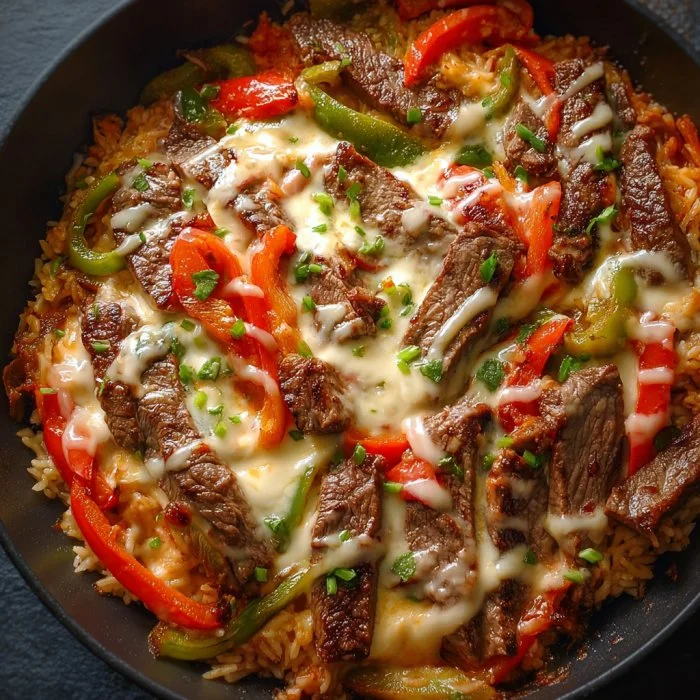 Delicious Cheese Steak Fajita Skillet with peppers and onions