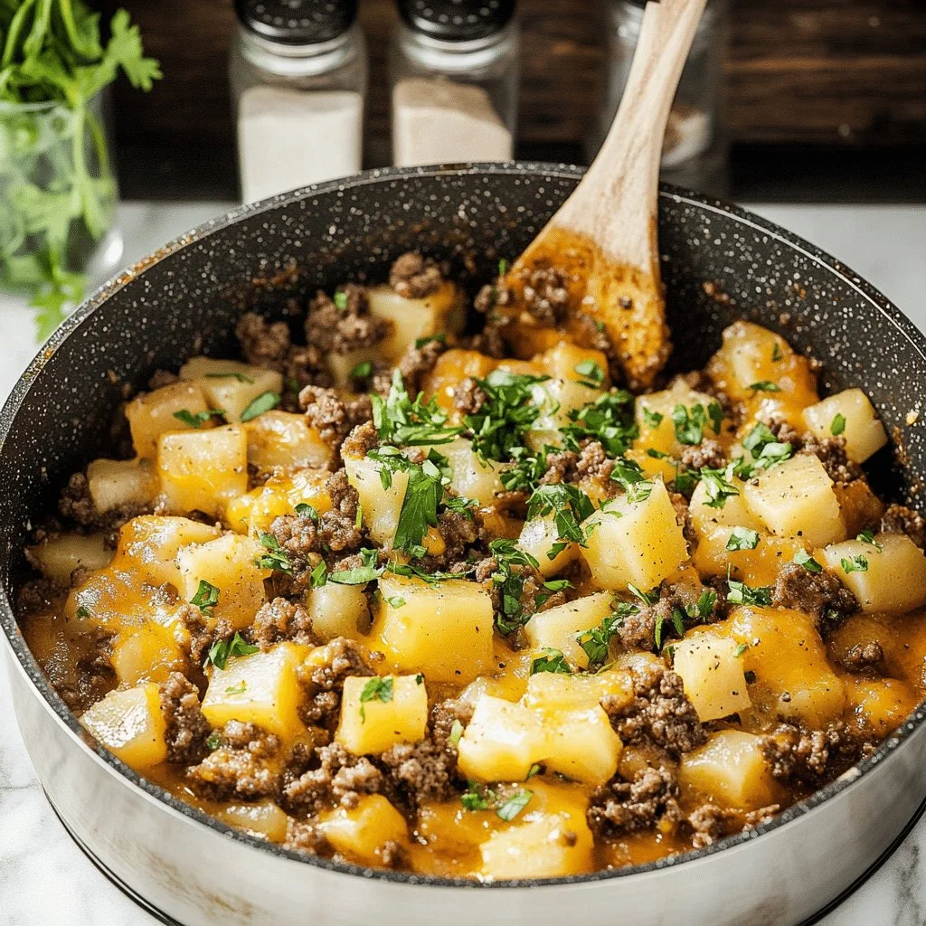Cheesy and hearty beef and potatoes skillet dish in a cast iron pan