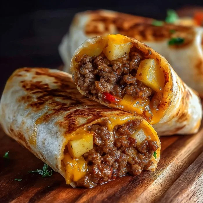 Cheesy beef potato burritos wrapped in soft tortillas, ready to devour.