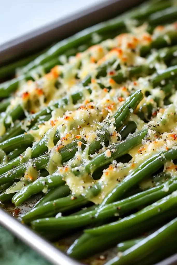 Cheesy garlic green beans served on a plate, a delicious and nutritious side dish.