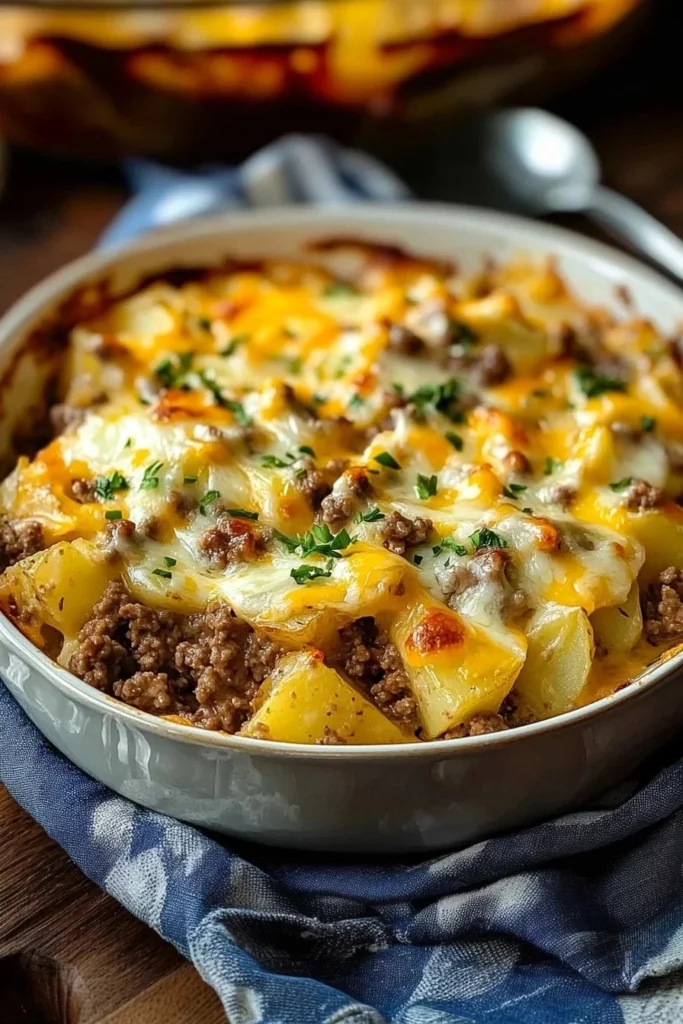 Cheesy ground beef and potato casserole in a baking dish, ready to serve.