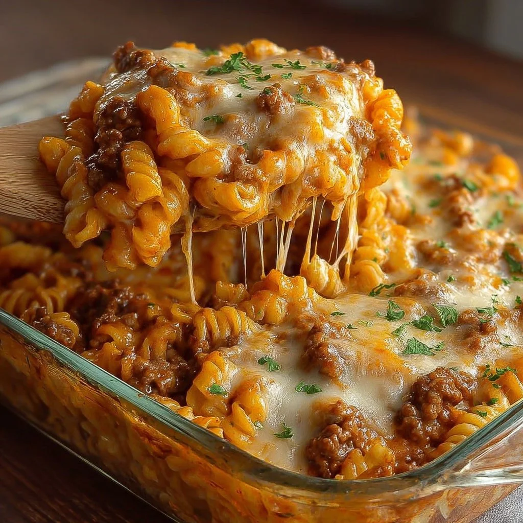 Cheesy hamburger casserole topped with melted cheese and fresh herbs