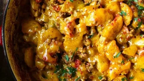 Cheesy One Pot Beef and Potatoes dish ready to serve.