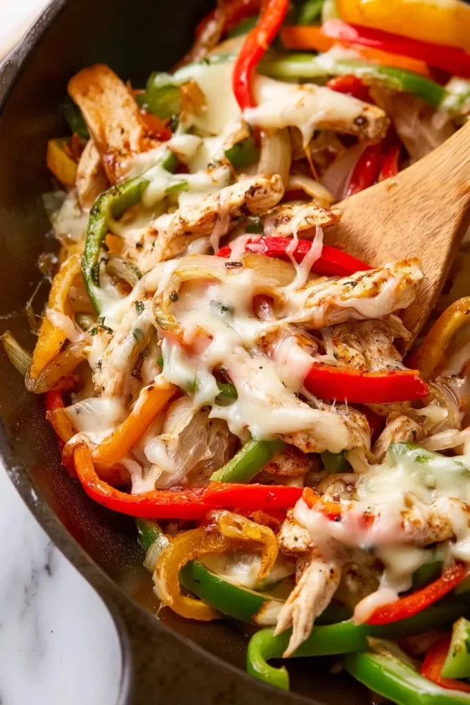 Flavorful Chicken Cheesesteak Skillet with fresh vegetables and melted cheese
