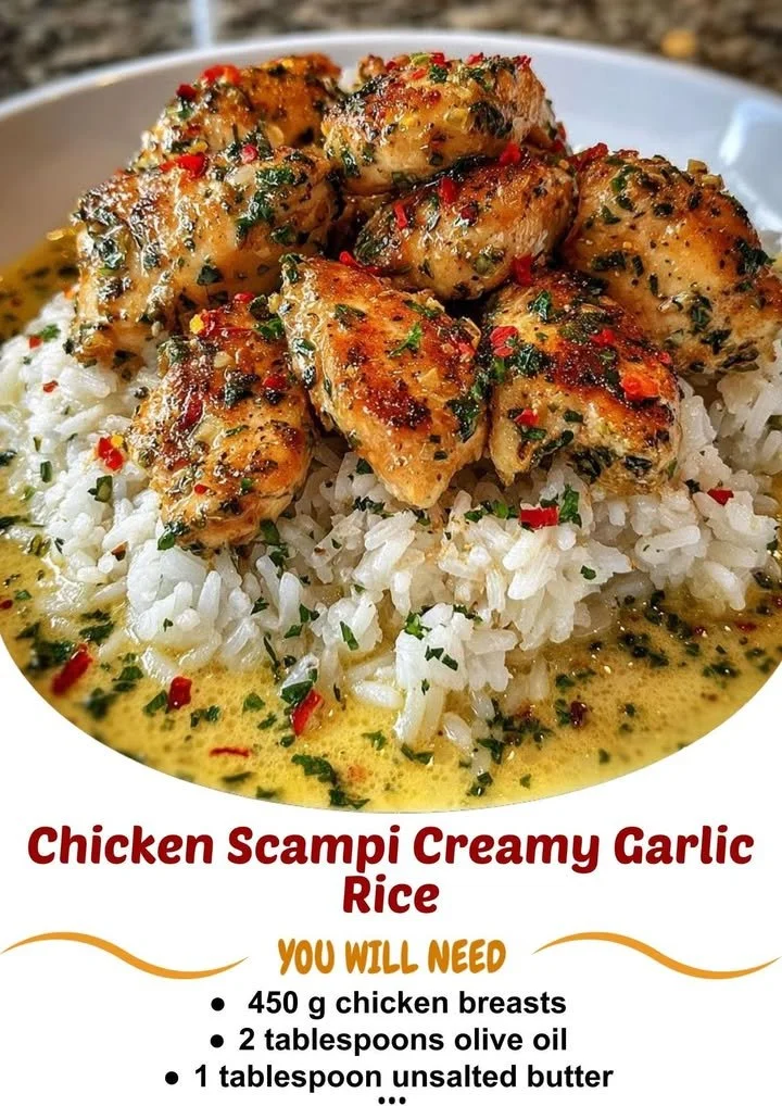 Delicious Chicken Scampi served with creamy garlic rice.