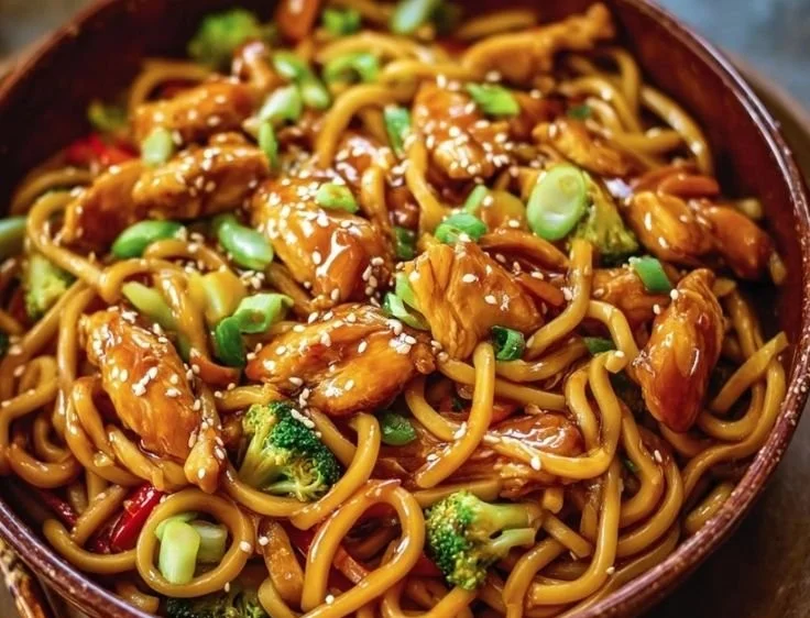 Plate of Chicken Teriyaki Noodles with vegetables and sauce