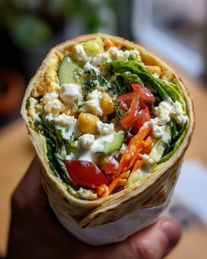 Chickpea & Feta Wrap filled with fresh veggies and yogurt sauce