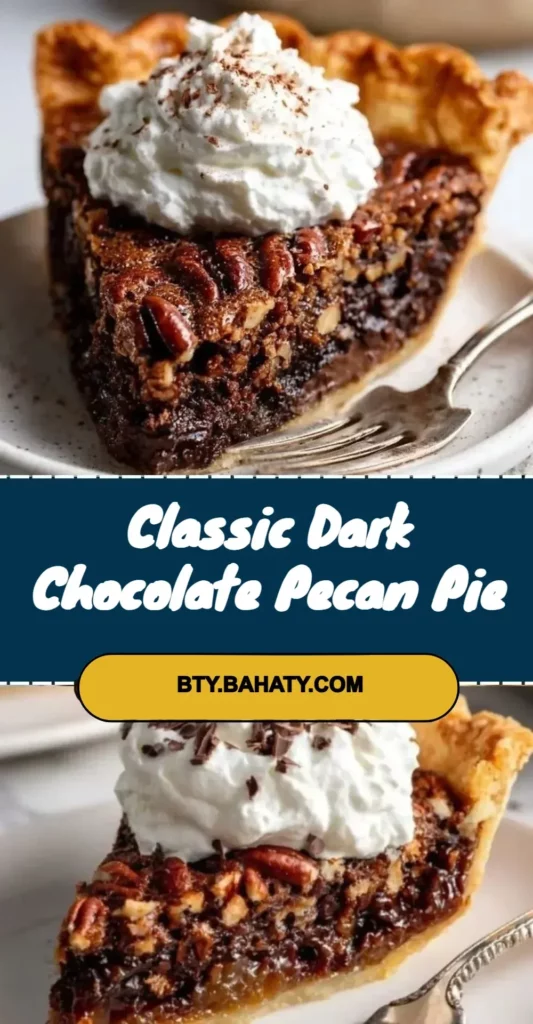 A slice of Classic Dark Chocolate Pecan Pie with chocolate drizzles and pecans on top.
